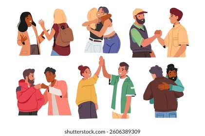 Diverse people cartoon characters greeting gesture isolated set. Man and woman friends meeting, high-five, fist hit, strong handshake and warm hugs vector illustration. Human relationships concept