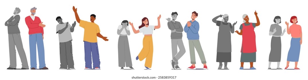 Diverse people cartoon characters hiding negative emotions shadow showcasing positive mood in society communication isolated set. Psychological problem, mental health troubles vector illustration