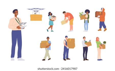 Diverse people cartoon characters holding, carrying, delivering various box isolated big set