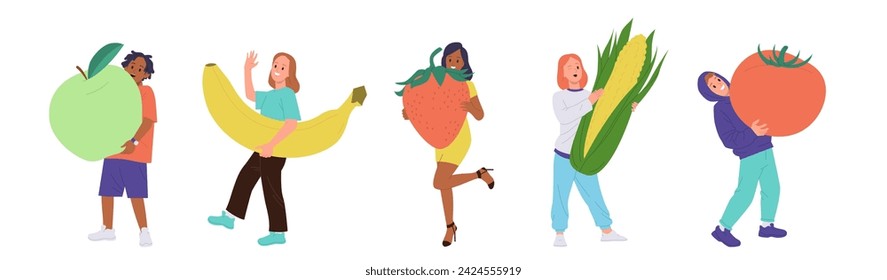 Diversos personajes de dibujos animados de personas que sostienen diferentes frutas y verduras gigantes aislados en blanco