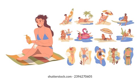 Diverse people cartoon characters isolated set resting on beach, sunbathing swimming, surfing