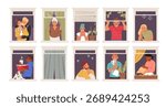 Diverse people cartoon characters looking out of opened windows view from building facade isolated set. Loving couple, single man and woman, elderly lady and teenagers neighborhood vector illustration
