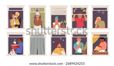 Diverse people cartoon characters looking out of opened windows view from building facade isolated set. Loving couple, single man and woman, elderly lady and teenagers neighborhood vector illustration