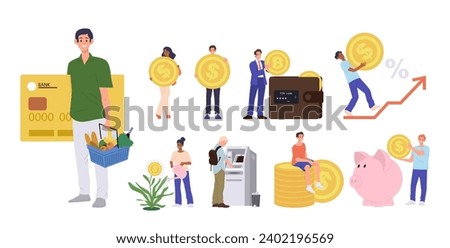 Diverse people cartoon characters making, withdrawing and saving money, growing financial success