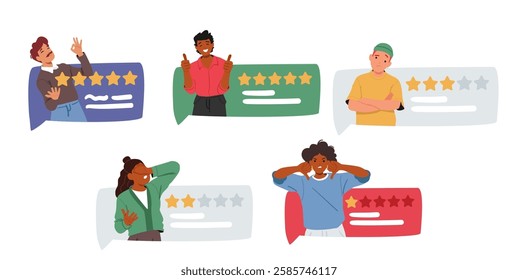 Diverse people cartoon characters participating in customer feedback rating system leaving comment, independent vote opinion and service ranking due to personal experience vector illustration