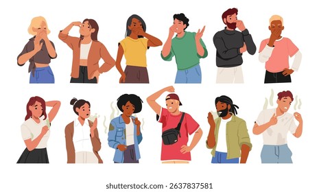 Diverse people cartoon characters with poor hygiene, feeling smell bad stink from clothes isolated set. Man and woman closing nose in disgust, suffering from excessive sweating vector illustration