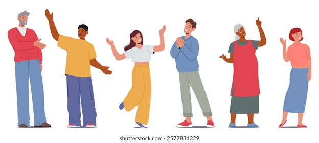 Diverse people cartoon characters positive emotion, reaction and good mood standing in row showcasing happiness, salutation gesture, gratitude, genius idea sign vector illustration isolated set