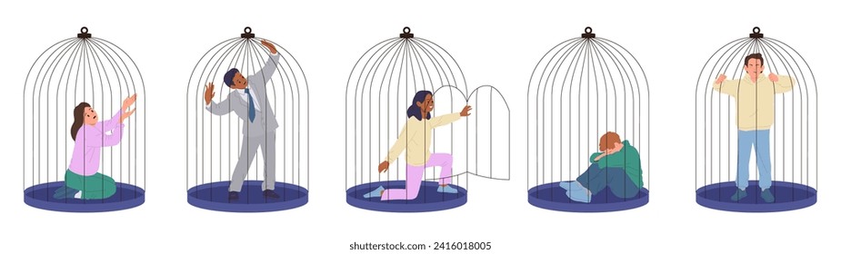 Diverse people cartoon characters sitting trapped in cages set isolated on white background