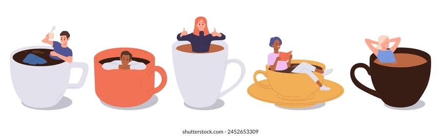 Diverse people cartoon characters sitting in giant coffee cups set isolated on white background