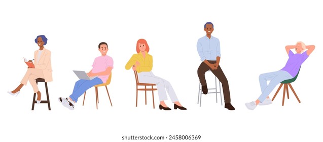 Diverse people cartoon characters sitting on chair vector illustration isolated on white background