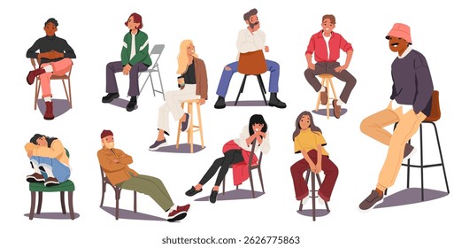 Diverse people cartoon characters sitting on chairs in different body position isolated set. Different man and woman relaxing, listening, looking, on seats taking part in meeting vector illustration