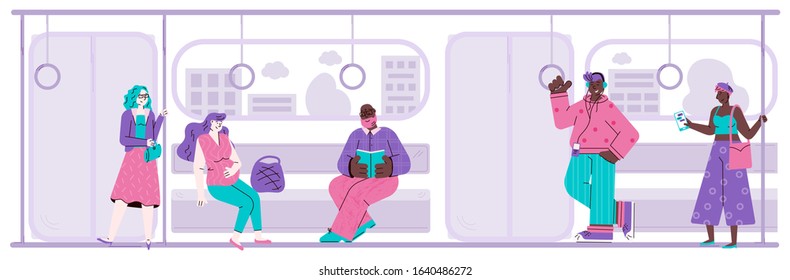 Diverse People Cartoon Characters In Subway Train Flat Vector Illustration.