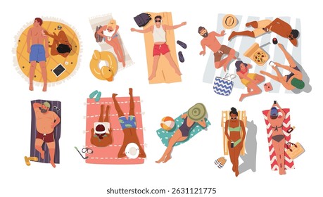 Diversas pessoas personagens de desenhos animados banhando-se de sol na praia sozinho ou com amigos isolados definido no branco. Homens e mulheres relaxando em cobertor, toalha, cadeira de convés ou tapete obtendo bronzeado ilustração vetorial