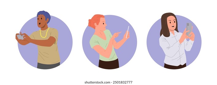Diverse people cartoon characters taking self-portrait photo by mobile camera round composition