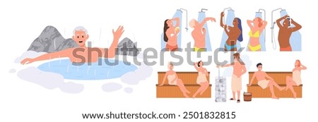 Diverse people cartoon characters taking bath or shower, steaming in sauna isolated set on white