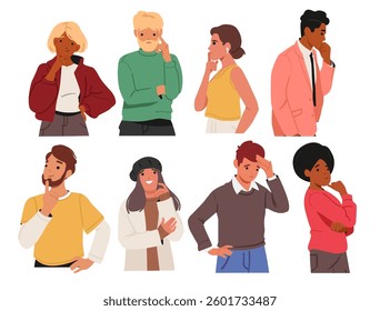 Diverse people cartoon characters thinking expressing puzzled, doubt and pensive facial emotion set. Confused man and woman brainstorming, searching solution, making choice vector illustration