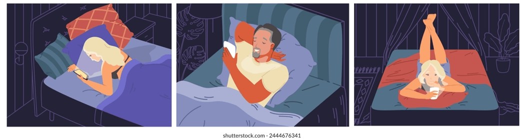 Diverse people cartoon characters using devices in bed at night. Man and woman surfing internet and browsing, chatting with friends and messaging with relatives using smartphone