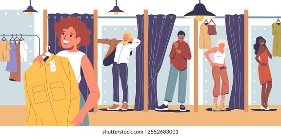 Diverse people cartoon characters using fitting room service at clothing store vector illustration