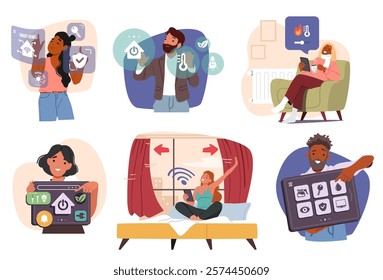 Diverse people cartoon characters using smart home application to remote control of apartment energy power, surveillance and access, room temperature and comfort isolated scene vector illustration set