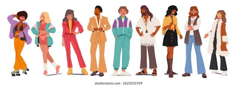 Diverse people cartoon characters wearing old-fashioned clothing, hippie attire and garment from 80s isolated set on white. Hipster guys dressed in elegant, artistic retro outfit vector illustration