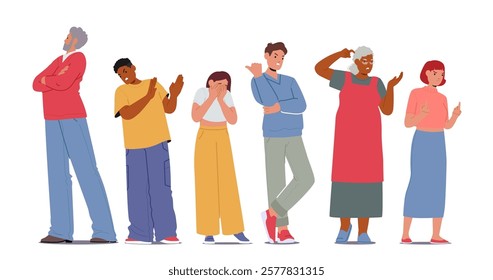 Diverse people cartoon showcasing negative emotion and bad mood standing in row set isolated on white background. Pensive, angry, denying, crying, frustrated, refusal characters vector illustration