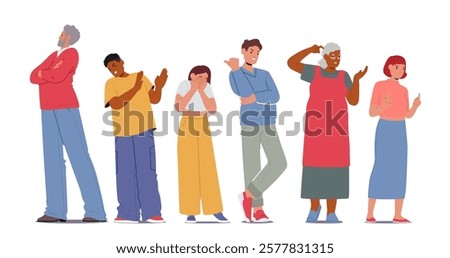 Diverse people cartoon showcasing negative emotion and bad mood standing in row set isolated on white background. Pensive, angry, denying, crying, frustrated, refusal characters vector illustration