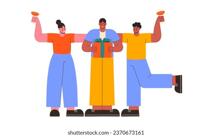 Diverse People celebrating birthday and holding wrapped birthday gift. Birthday party vector flat illustration.