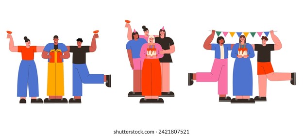 Diverse people celebrating Birthday Party. Corporate Party vector flat illustration. Men and women celebrating an event.