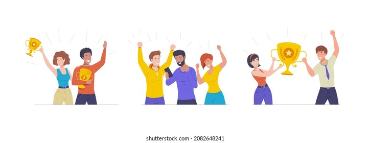 Diverse people celebrating win set. Happy man and woman holding golden championship cup and received smartphone message with good news. Smiling overjoyed person with positive emotion flat vector