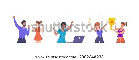 Diverse people celebrating win set. Happy man and woman holding golden championship cup and received notebook message with good news. Smiling overjoyed person with positive emotion flat vector