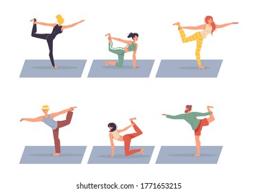 Diverse people character doing balance yoga exercise isolated set. Healthy man woman in sportswear warming up stretching standing in pilates dancer posture. Morning fitness activities, stress relief