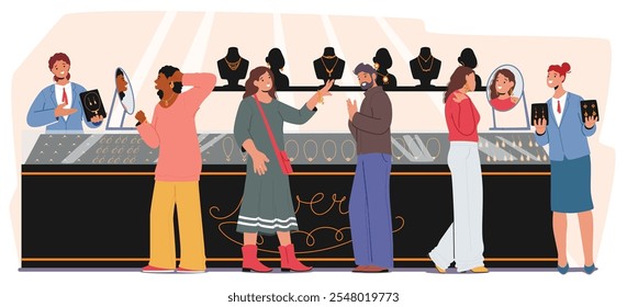 Personas diversas visitan la joyería del carácter que elige los accesorios lujosos que hacen compras costosas de Ilustración vectorial. Hombre y mujer seleccionando precioso anillo de compromiso, collares, pendientes