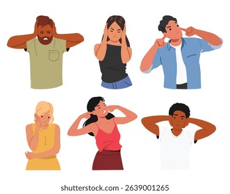 Diverse people characters avoiding harmful noise closing ears and frowning face isolated set on white background. Annoyed irritated man and woman suffering from loud sounds vector illustration