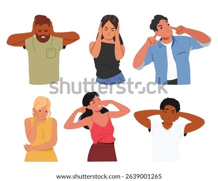 Diverse people characters avoiding harmful noise closing ears and frowning face isolated set on white background. Annoyed irritated man and woman suffering from loud sounds vector illustration