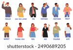 Diverse People Characters Demonstrating Basic Sign Language, Including Phrases Like Hello, Thank You, Help, See You Later, Yes Or No, Me, Father, Mother. Inclusive Communication Cartoon Vector Concept