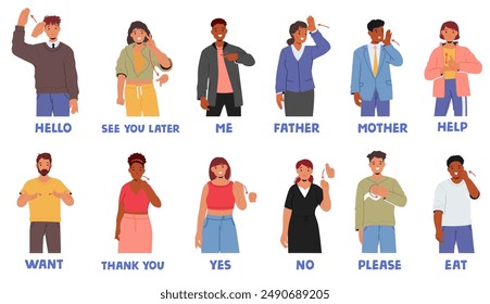 Diverse People Characters Demonstrating Basic Sign Language, Including Phrases Like Hello, Thank You, Help, See You Later, Yes Or No, Me, Father, Mother. Inclusive Communication Cartoon Vector Concept