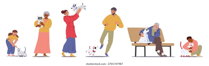 Diverse people characters of different ages happily playing and interacting with mechanical pets isolated set on white background. Futuristic companionship with robotic animals vector illustration