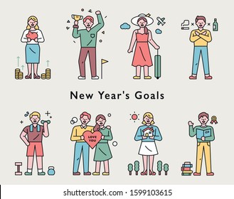 Diverse people characters explaining new year goal plan. flat design style minimal vector illustration.