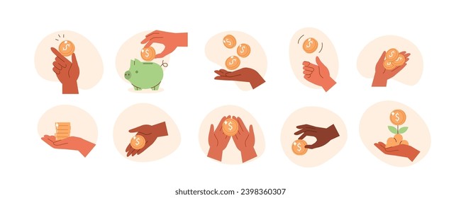 Diverse people characters hands holding money coins, cents, cash on fingers and palms. Business, finance, investment, donation concept. Flat vector illustration isolated on white background 