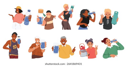 Diverse people characters holding water bottle, drinking aqua, offering mineral liquid for refreshment isolated cartoon portraits set. Healthy habits, vitality and dieting vector illustration