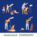 Diverse people characters looking through telescope set