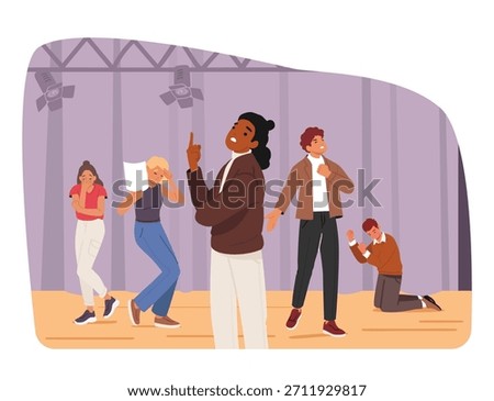 Diverse people characters performing on theatrical stage enjoying group drama class activities vector illustration. Creative education and personal development through art performance for adults