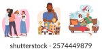 Diverse people characters searching new home, choosing real estate and looking for best condition terms of deal on property market vector illustration set. Mortgage, successful housing investment