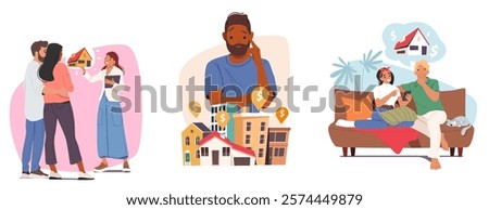 Diverse people characters searching new home, choosing real estate and looking for best condition terms of deal on property market vector illustration set. Mortgage, successful housing investment