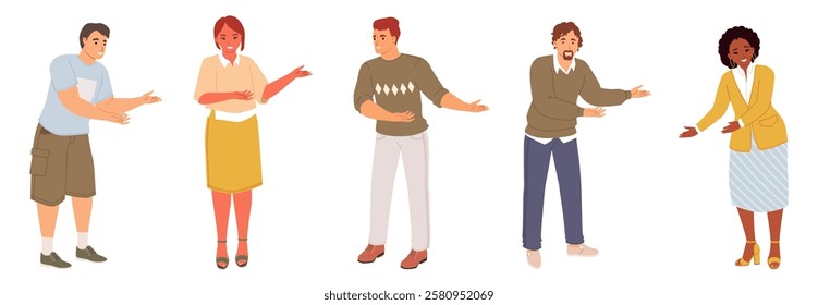 Diverse people characters set showing welcome gesture