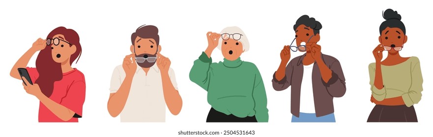 Diverse People Characters Showing Surprised Expressions While Wearing Or Adjusting Glasses. Different Ages And Genders Depicted In Astonished Reactions. Concept Of Shock, Disbelief And Unexpected News