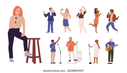 Diverse people characters singing and speaking in microphone performing on stage or in karaoke