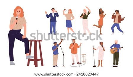Diverse people characters singing and speaking in microphone performing on stage or in karaoke