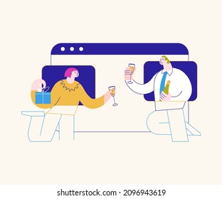 Diverse people chatting and greeting on the online conference party. Friends meeting up online from home via video call. Flat Art Vector Illustration