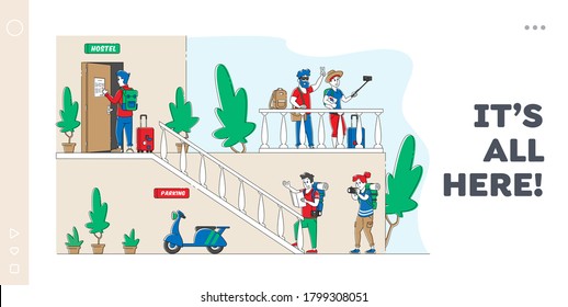 Diverse People Check in Hostel Landing Page Template. Tourist Characters Move into Motel for Staying at Night, Cheap Accommodation for Students or Travelers, Guesthouse. Linear Vector Illustration